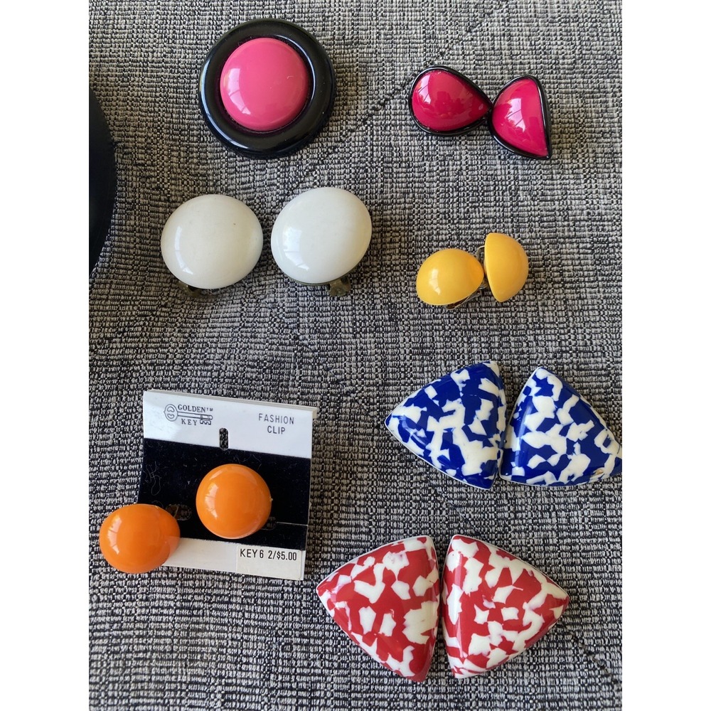 Vintage 80's Clip on Earrings Lot 6 Pairs Acrylic Colorful Mix